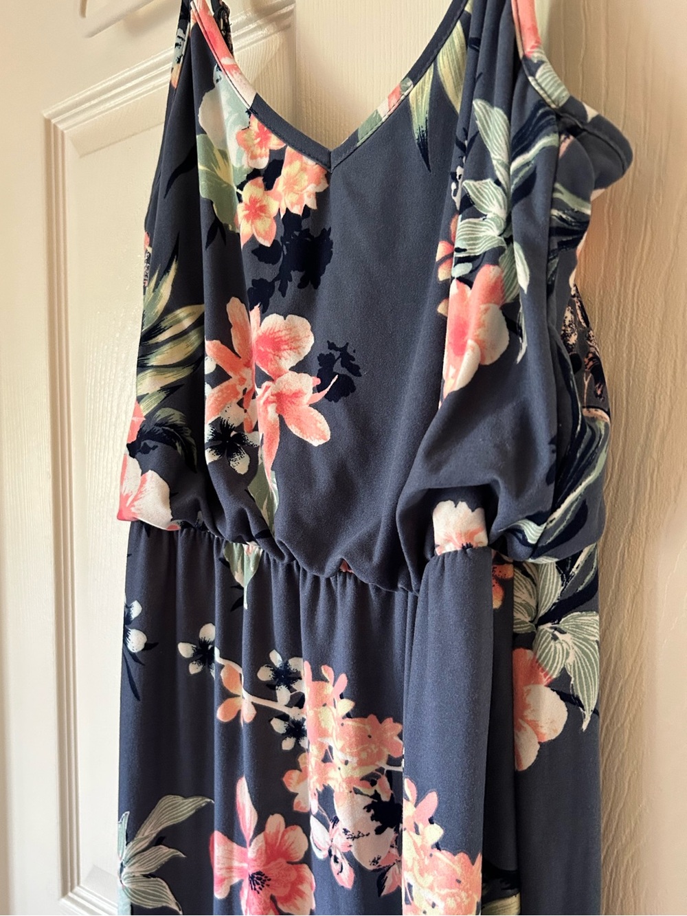 Derek Heart Navy Floral Maxi Dress Spaghetti Strap Elastic Waist - Size Small - Picture 3 of 15